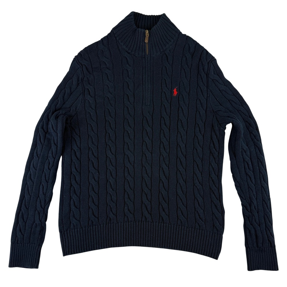 Polo Ralph Lauren Quarter Zip Sweater Mens M Navy Blue Cable Knit Cotton